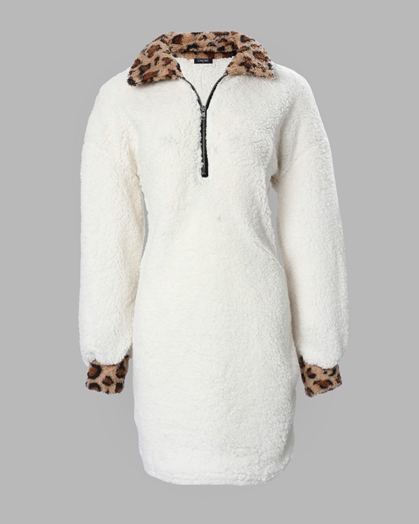 Contrast Leopard Zip Front Lantern Sleeve Casual Dress