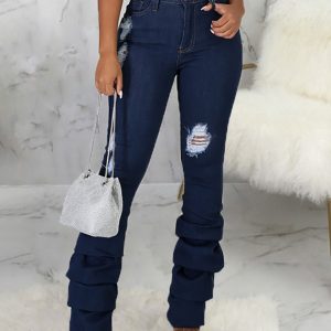 Buttoned Ripped Cutout Fold Skinny Jeans