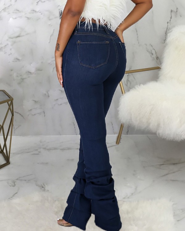 Buttoned Ripped Cutout Fold Skinny Jeans
