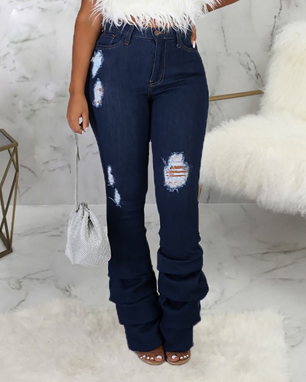 Buttoned Ripped Cutout Fold Skinny Jeans