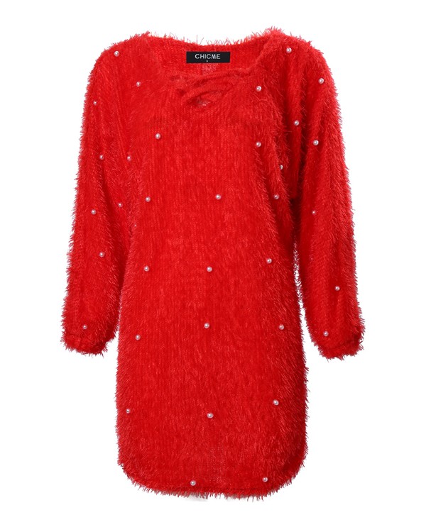 Beaded Decor V-Neck Fluffy Casual Dress