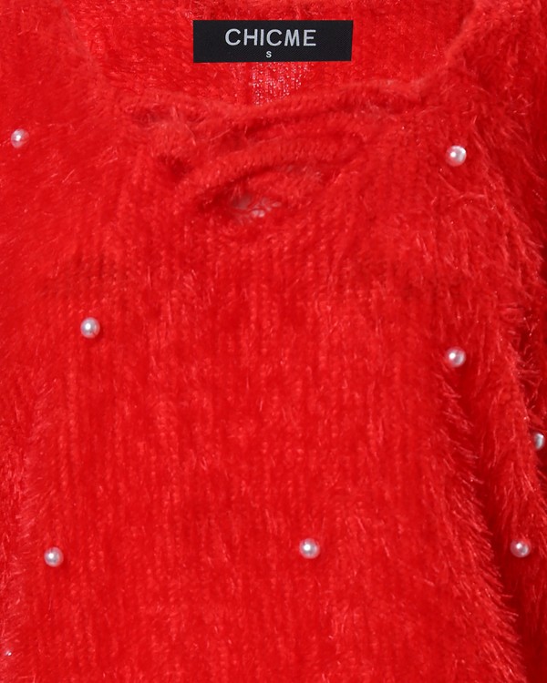Beaded Decor V-Neck Fluffy Casual Dress