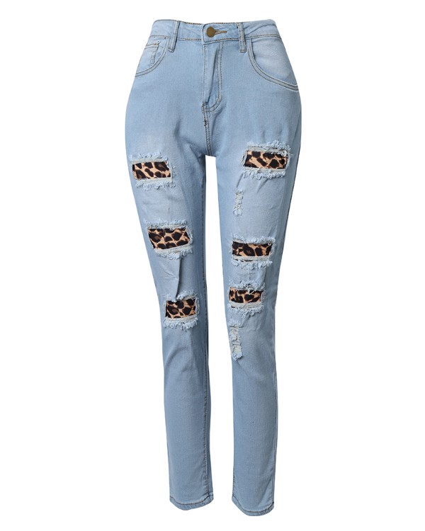 Contrast Leopard Print High Waist Jeans