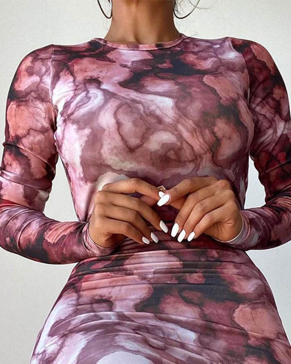 Abstract Print Long Sleeve Backless Bodycon Dress