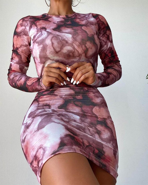 Abstract Print Long Sleeve Backless Bodycon Dress
