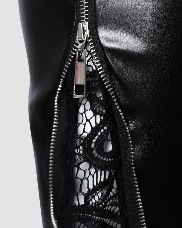 Contrast Lace Zipper Detail Belted PU Leather Skirt