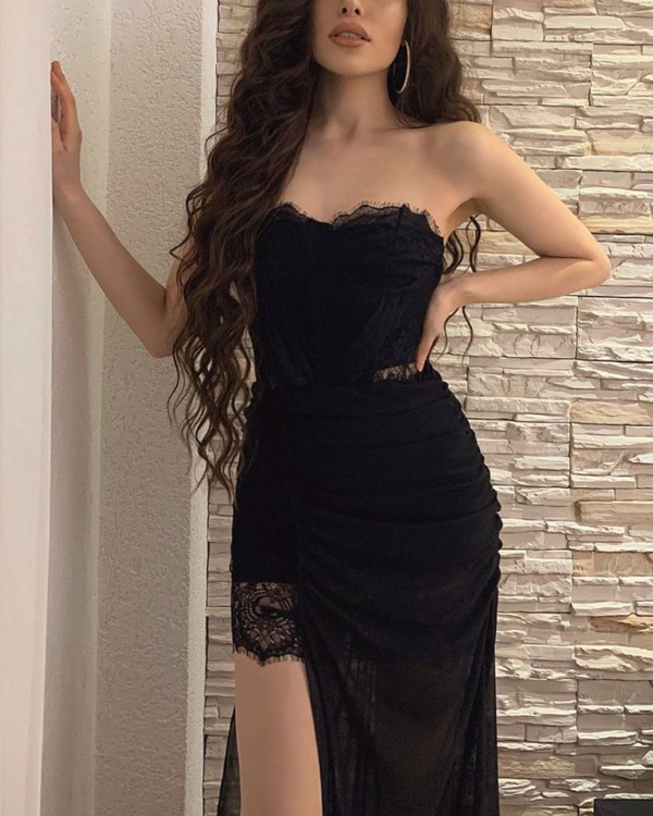 Bandeau Split Thigh Contrast Lace Sheer Mesh Maxi Dress