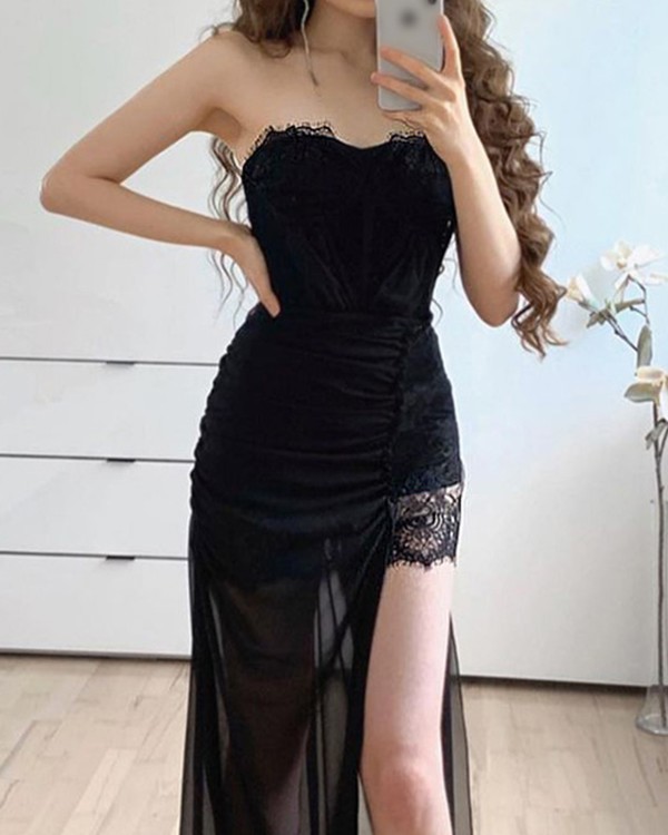 Bandeau Split Thigh Contrast Lace Sheer Mesh Maxi Dress