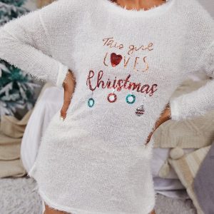 Christmas Sequins Long Sleeve Fluffy Sweater Dress