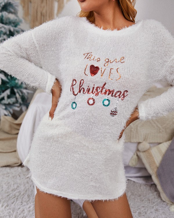 Christmas Sequins Long Sleeve Fluffy Sweater Dress