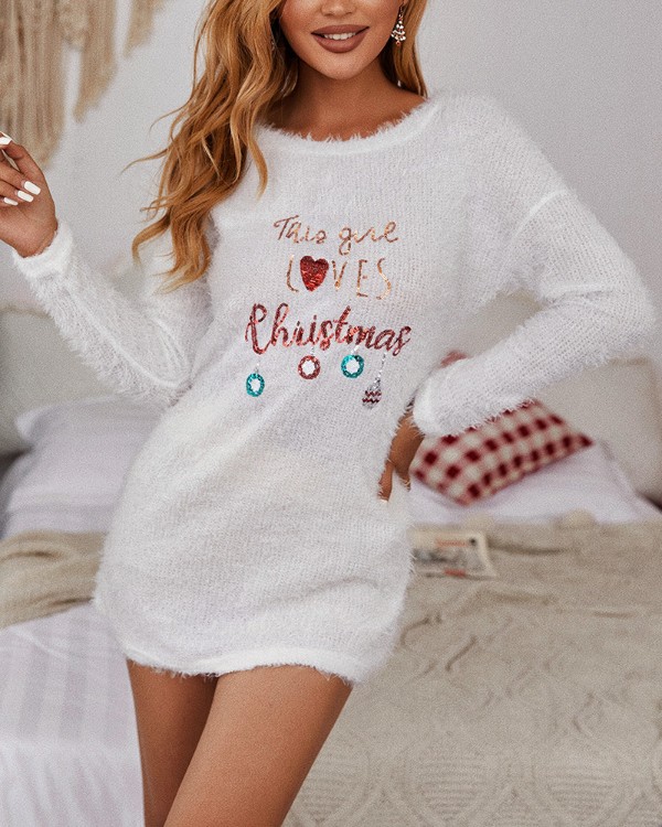 Christmas Sequins Long Sleeve Fluffy Sweater Dress
