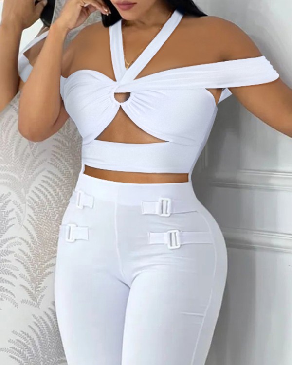 Asymmetrical Neck O-Ring Cutout Jumpsuit