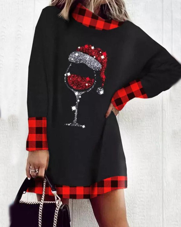 Christmas Wine Glass Plaid Print Casual Dress