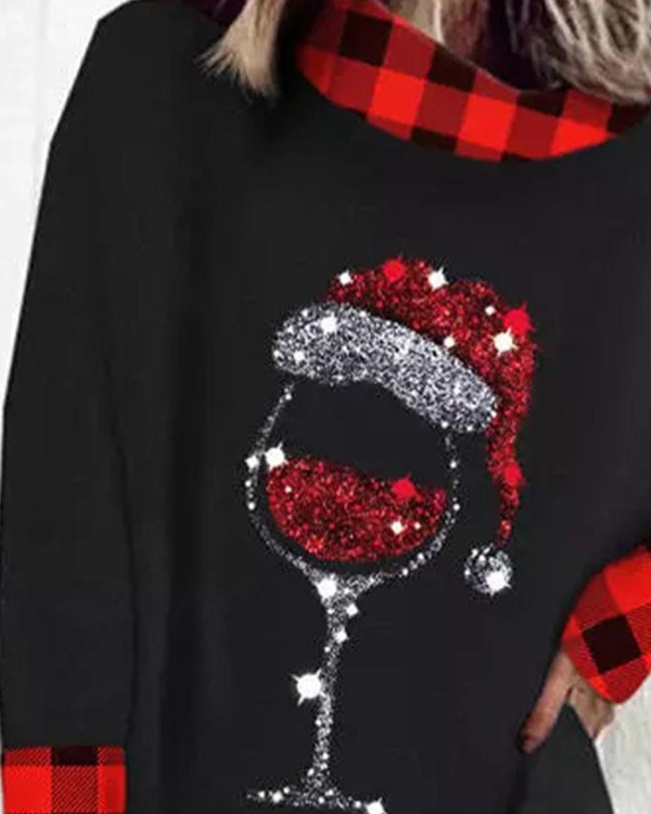 Christmas Wine Glass Plaid Print Casual Dress