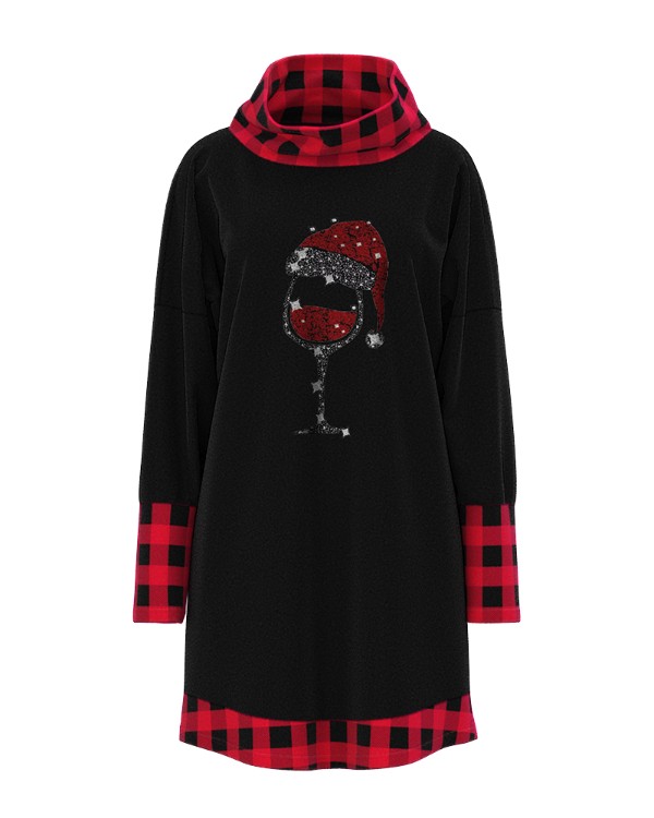 Christmas Wine Glass Plaid Print Casual Dress