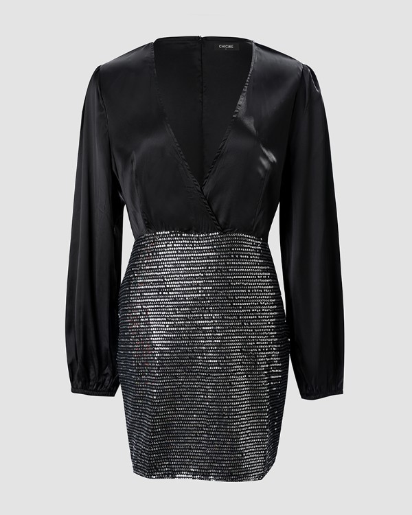 Contrast Sequin Puff Sleeve Slit Back Party Dress