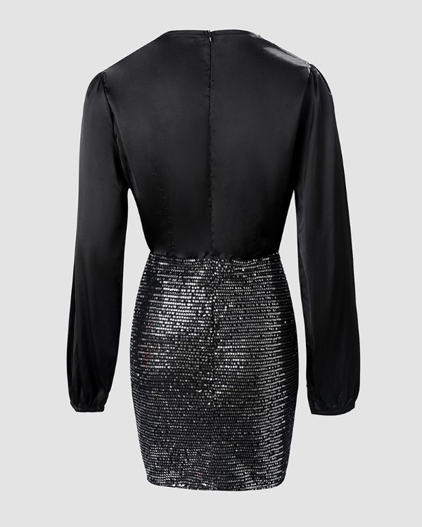 Contrast Sequin Puff Sleeve Slit Back Party Dress