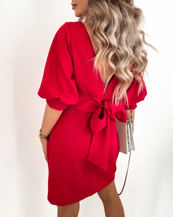 Bowknot Decor V-Back Chocolate Party Dress