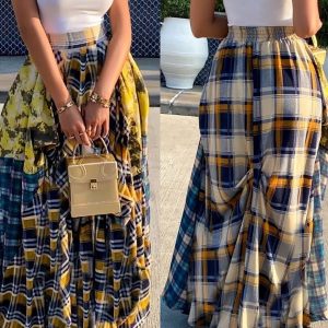 Plaid Colorblock Pleated Maxi Skirt