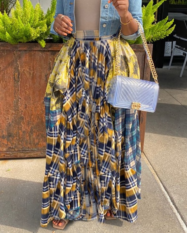 Plaid Colorblock Pleated Maxi Skirt