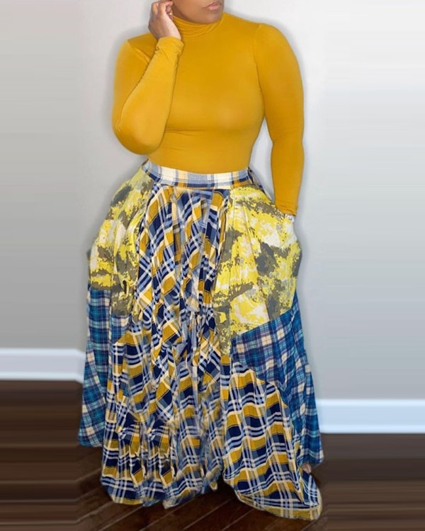 Plaid Colorblock Pleated Maxi Skirt