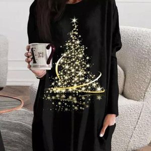 Christmas Tree Print Long Sleeve Casual Dress