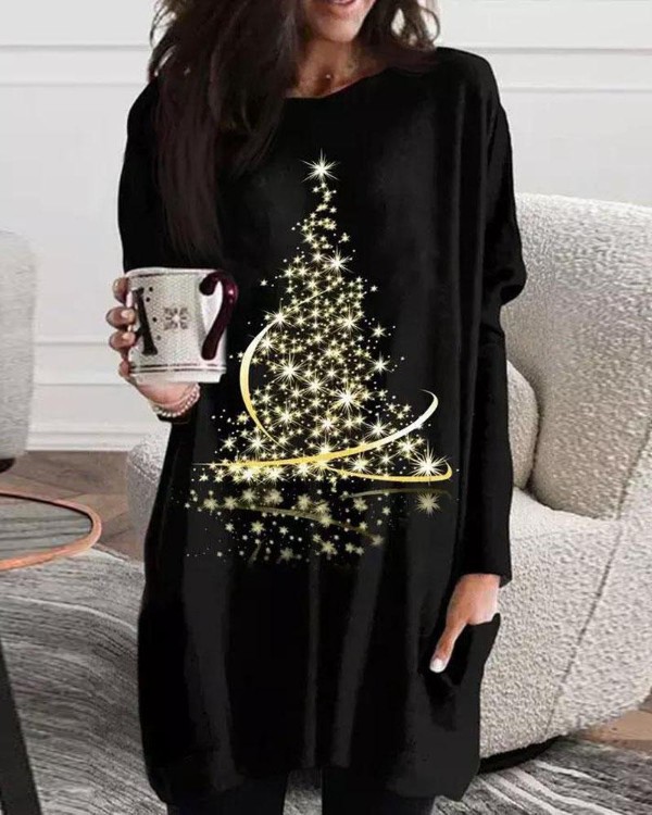 Christmas Tree Print Long Sleeve Casual Dress