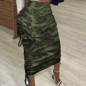 Camouflage Print Pocket Design Ruched Maxi Skirt
