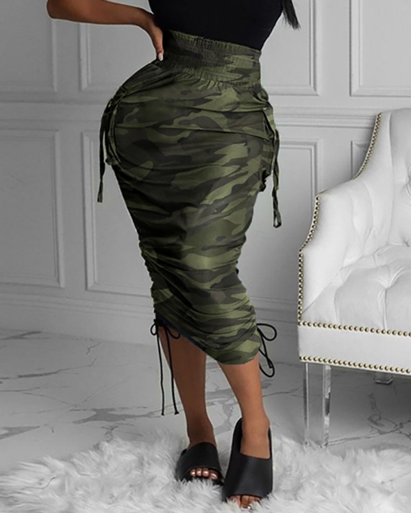 Camouflage Print Pocket Design Ruched Maxi Skirt
