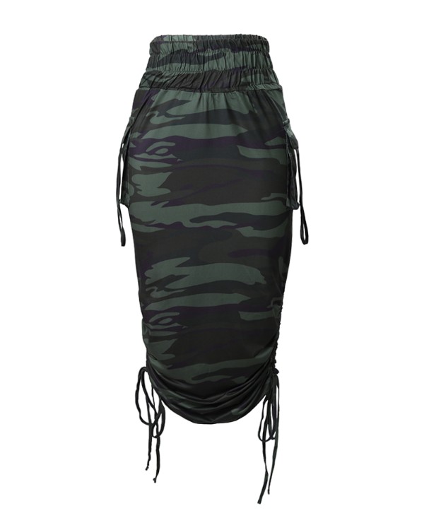 Camouflage Print Pocket Design Ruched Maxi Skirt