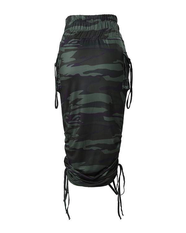 Camouflage Print Pocket Design Ruched Maxi Skirt