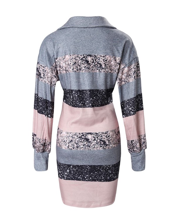 Colorblock Striped Print Lantern Sleeve Casual Dress
