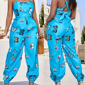 Butterfly Print Criss Cross Tied Detail Backless Jumpsuit