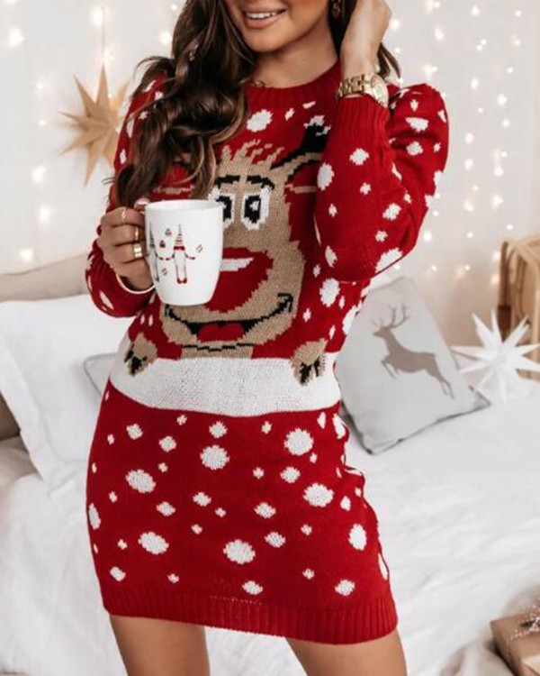 Christmas Cartoon Elk Pattern Long Sleeve Sweater Dress
