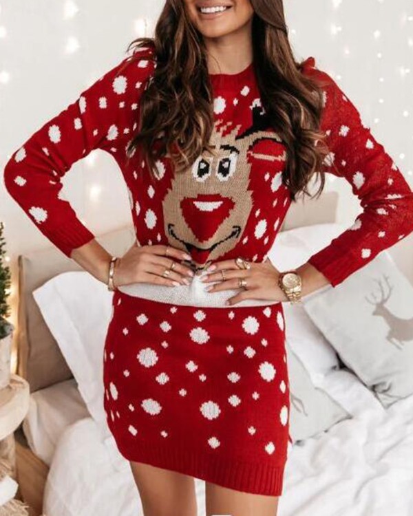 Christmas Cartoon Elk Pattern Long Sleeve Sweater Dress