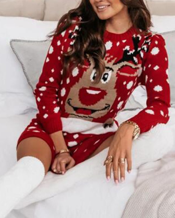 Christmas Cartoon Elk Pattern Long Sleeve Sweater Dress