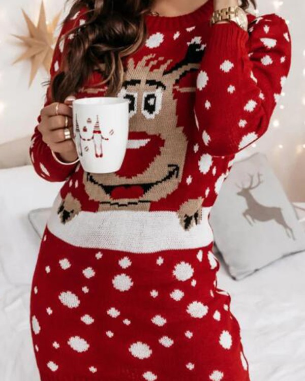 Christmas Cartoon Elk Pattern Long Sleeve Sweater Dress