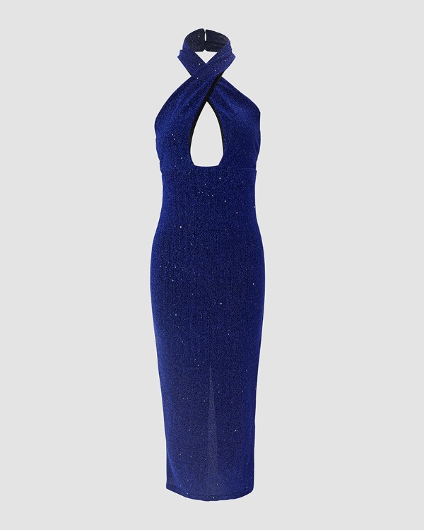 Cross Halter Neck Backless Glitter Evening Dress