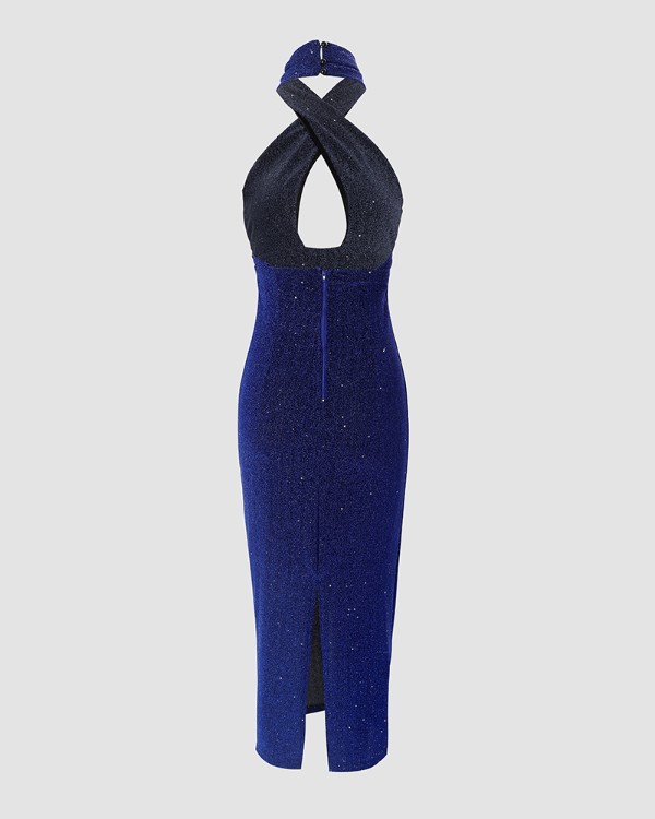 Cross Halter Neck Backless Glitter Evening Dress