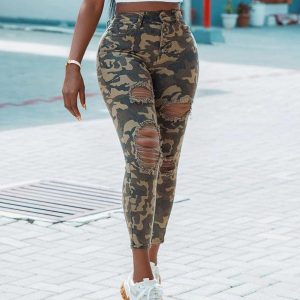 Camo Print Button Fly Cutout Ripped Skinny Jeans
