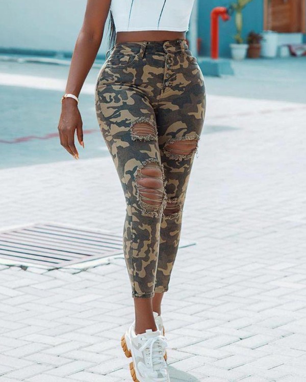 Camo Print Button Fly Cutout Ripped Skinny Jeans