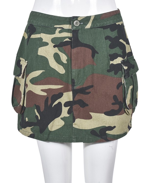 Camouflage Print Button Pocket Design Skirt
