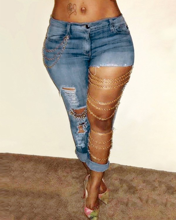 Chain Decor Cutout Ripped Denim Pants