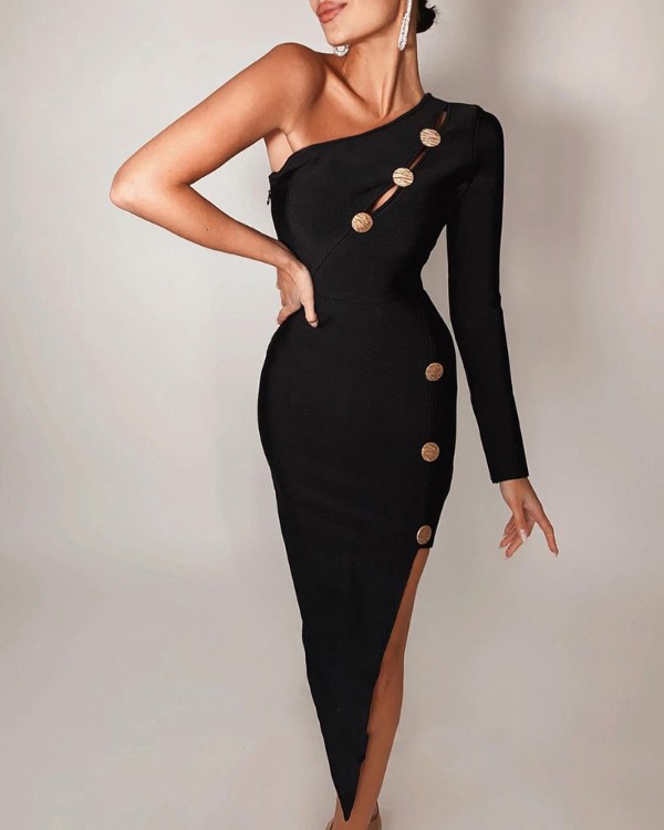 One Shoulder Button Decor Cutout Slit Dress