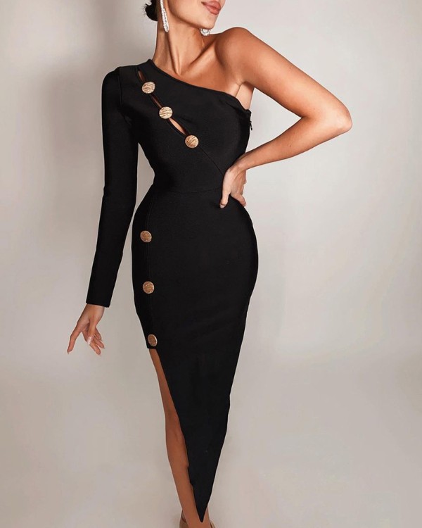 One Shoulder Button Decor Cutout Slit Dress