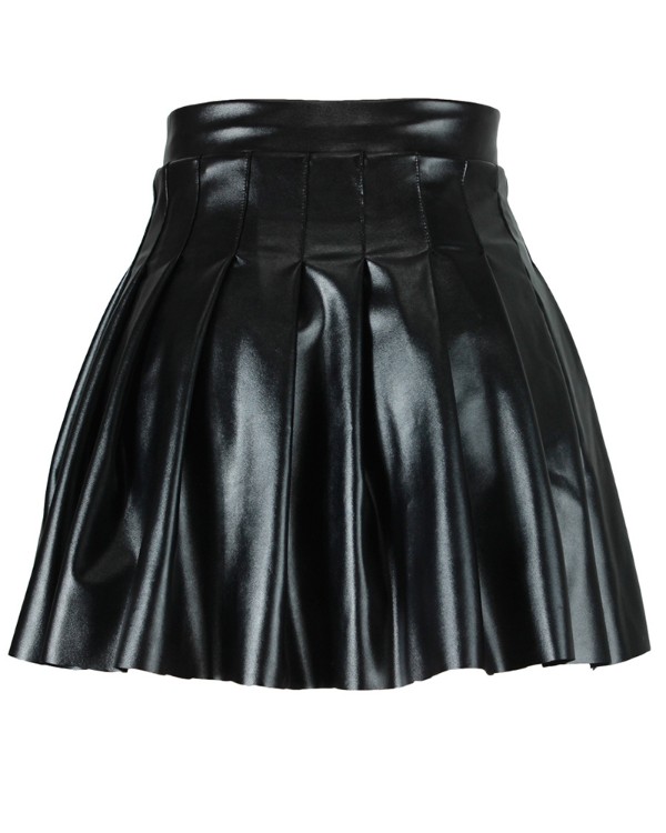 High Waist Pleated PU Leather Skirt