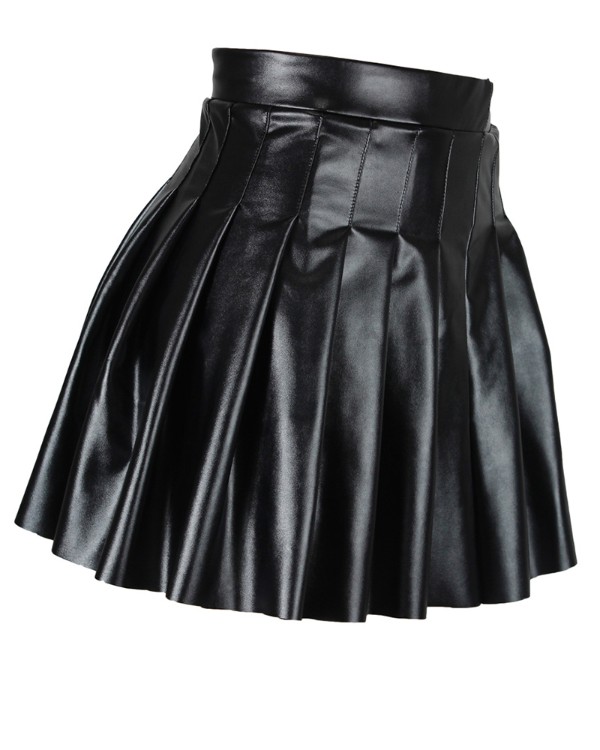 High Waist Pleated PU Leather Skirt