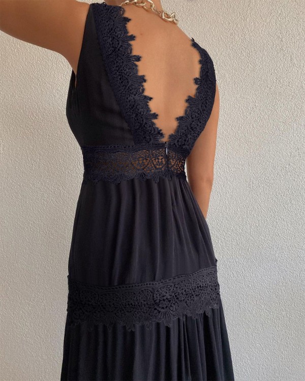 Guipure Lace Patch V-Back Prom Dress