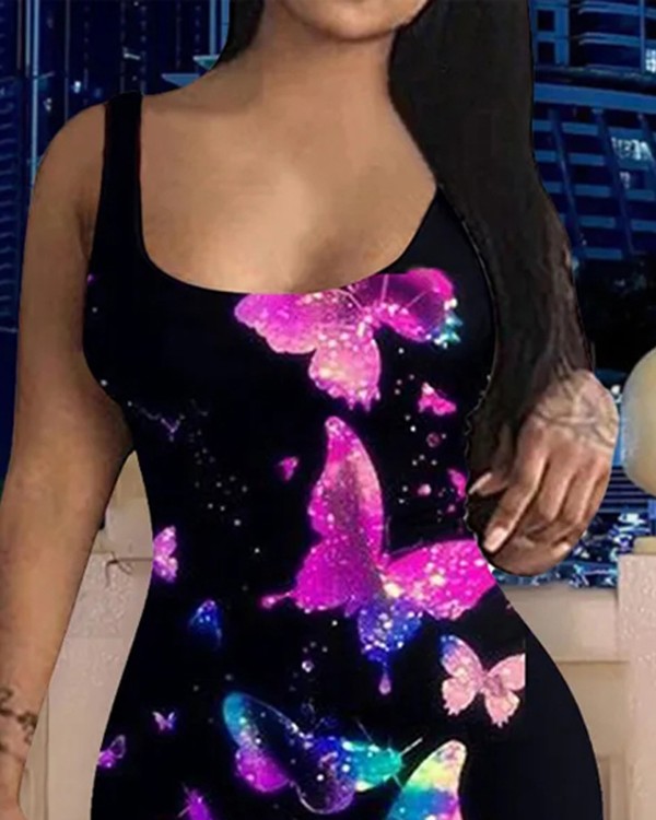 Butterfly Print Sleeveless Bodycon Dress
