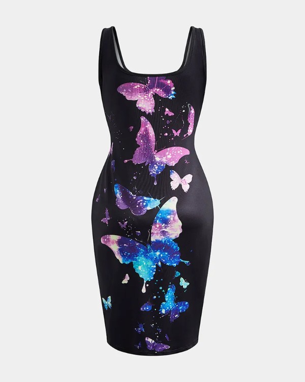 Butterfly Print Sleeveless Bodycon Dress